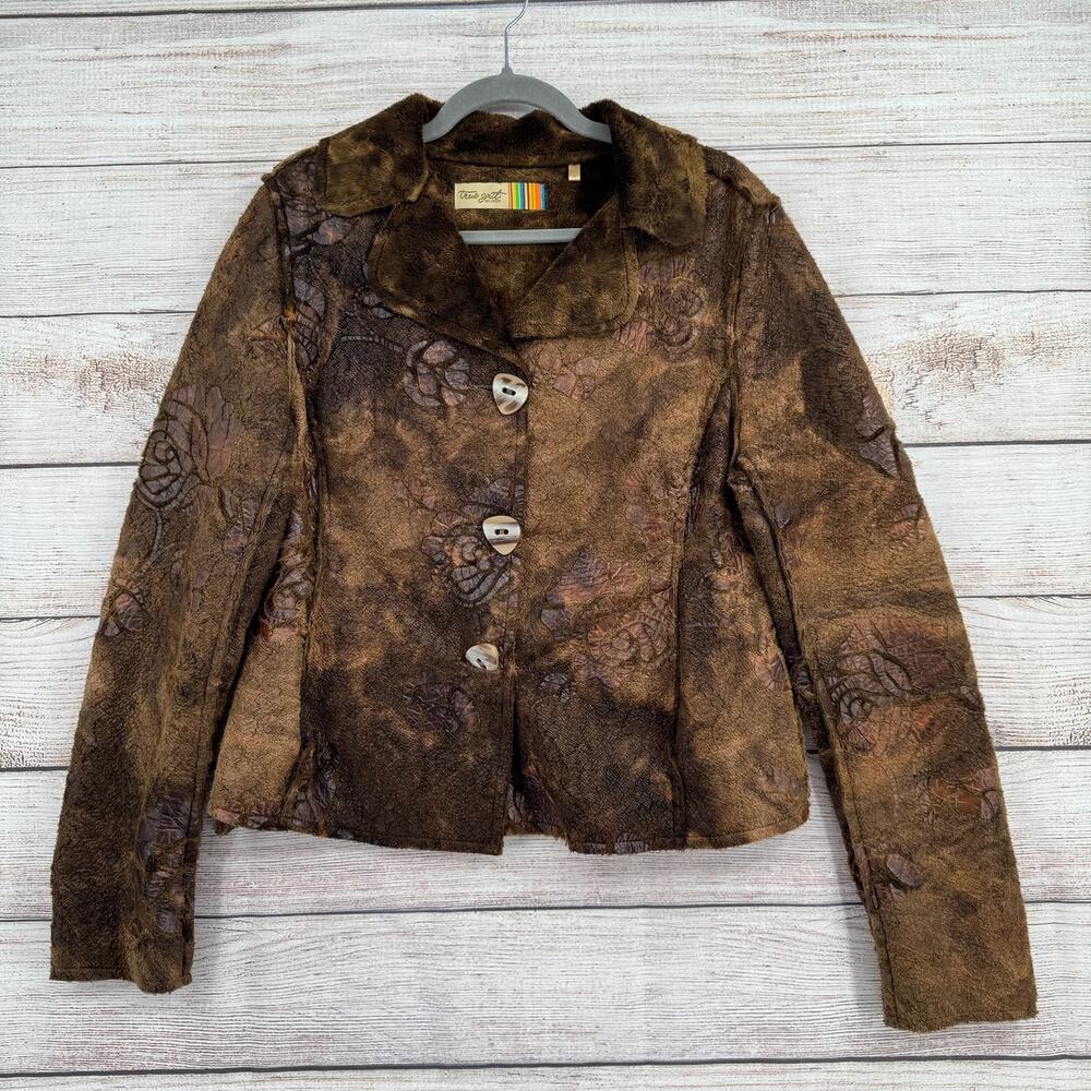 True Grit Jacket Womens Medium Brown Floral Textured Faux Fur Button‎ Up Boho